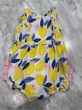 Ruffle Butts Lemon Print Romper - Yellow, Navy & Pink